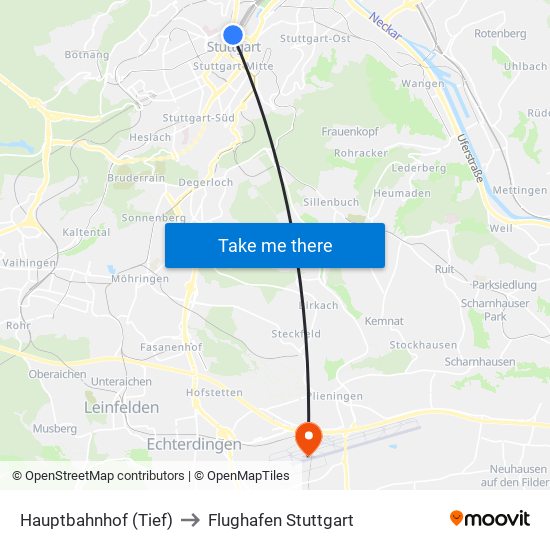 Hauptbahnhof (Tief) to Flughafen Stuttgart map