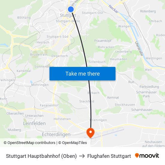 Stuttgart Hauptbahnhof (Oben) to Flughafen Stuttgart map