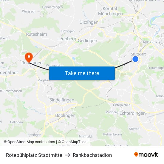 Rotebühlplatz Stadtmitte to Rankbachstadion map