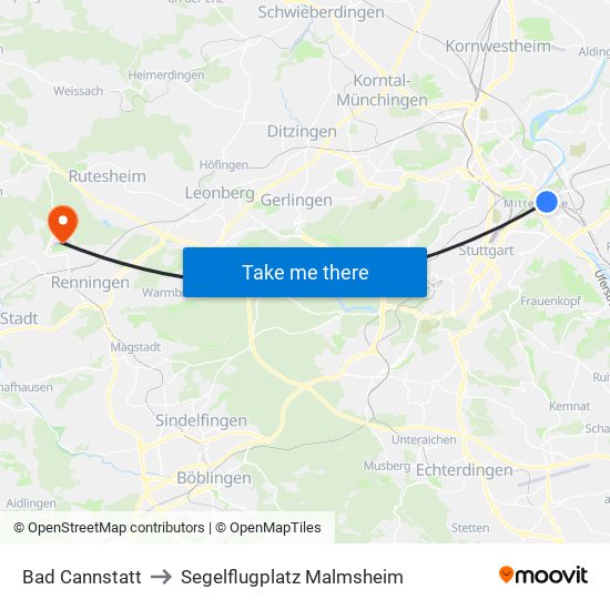 Bad Cannstatt to Segelflugplatz Malmsheim map