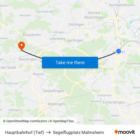 Hauptbahnhof (Tief) to Segelflugplatz Malmsheim map