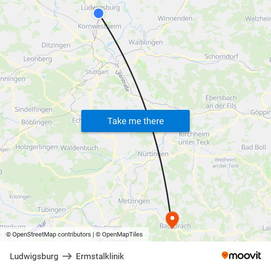 Ludwigsburg to Ermstalklinik map