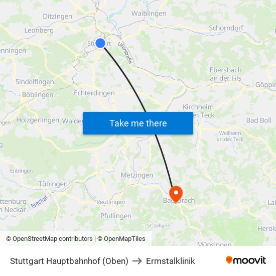 Stuttgart Hauptbahnhof (Oben) to Ermstalklinik map