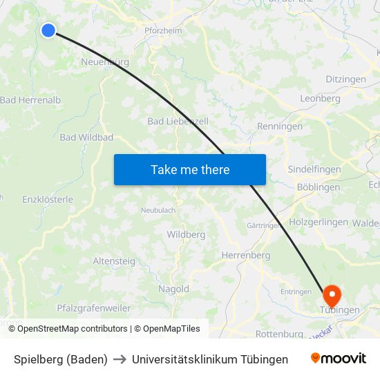 Spielberg (Baden) to Universitätsklinikum Tübingen map