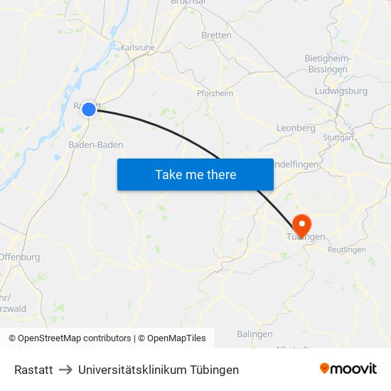 Rastatt to Universitätsklinikum Tübingen map