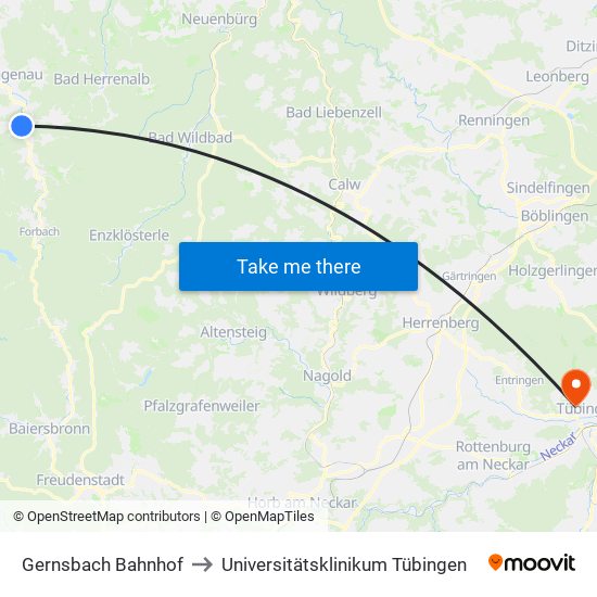 Gernsbach Bahnhof to Universitätsklinikum Tübingen map