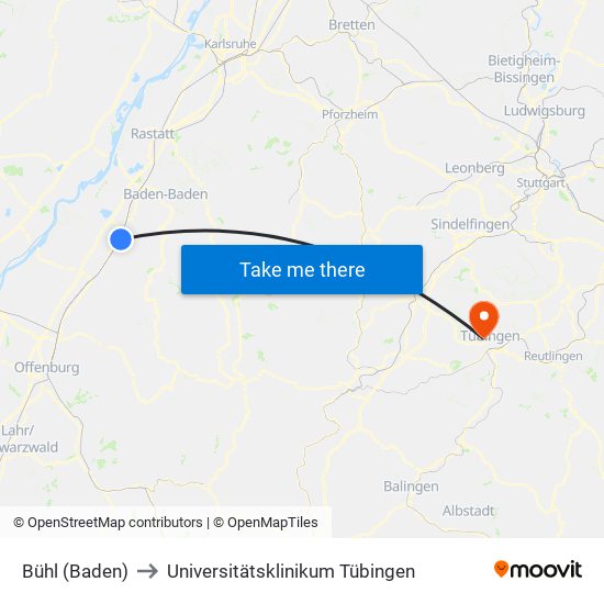 Bühl (Baden) to Universitätsklinikum Tübingen map