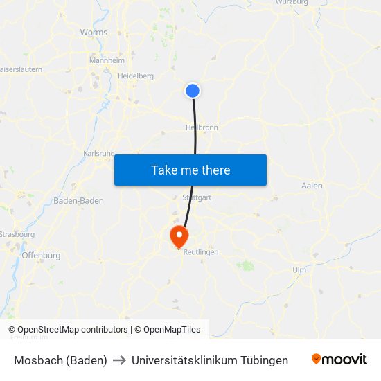 Mosbach (Baden) to Universitätsklinikum Tübingen map