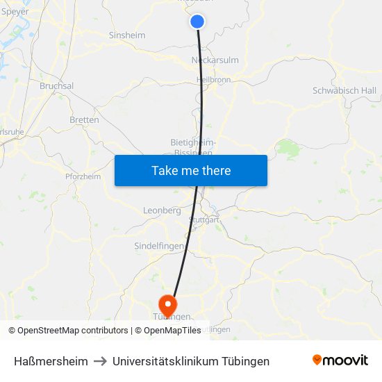 Haßmersheim to Universitätsklinikum Tübingen map