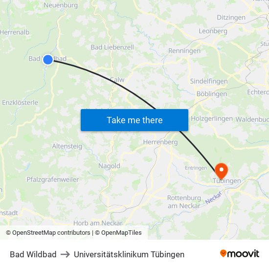 Bad Wildbad to Universitätsklinikum Tübingen map