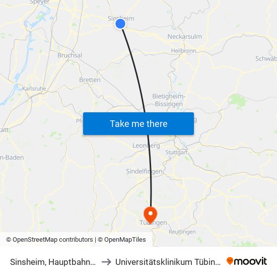 Sinsheim, Hauptbahnhof to Universitätsklinikum Tübingen map