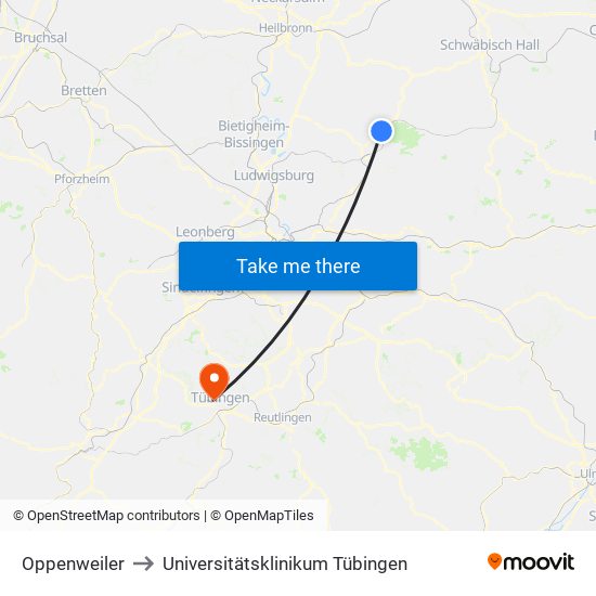 Oppenweiler to Universitätsklinikum Tübingen map