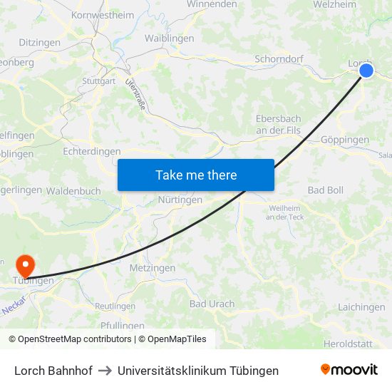 Lorch Bahnhof to Universitätsklinikum Tübingen map