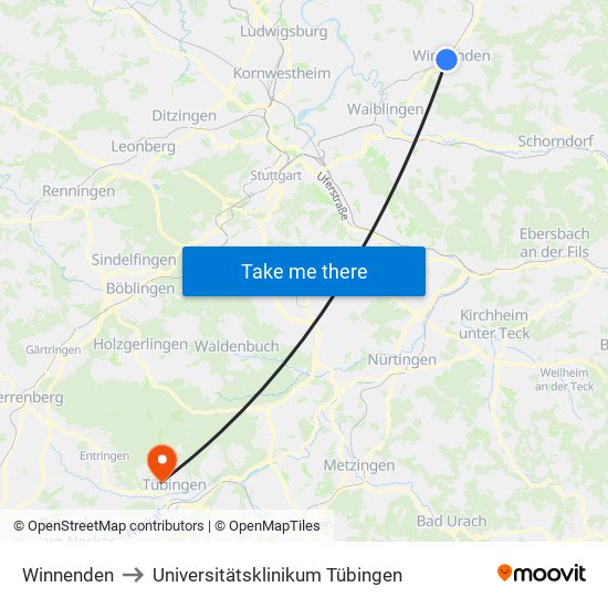 Winnenden to Universitätsklinikum Tübingen map