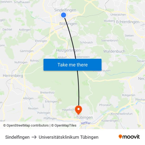 Sindelfingen to Universitätsklinikum Tübingen map