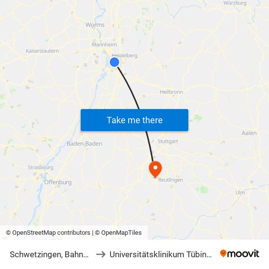 Schwetzingen, Bahnhof to Universitätsklinikum Tübingen map