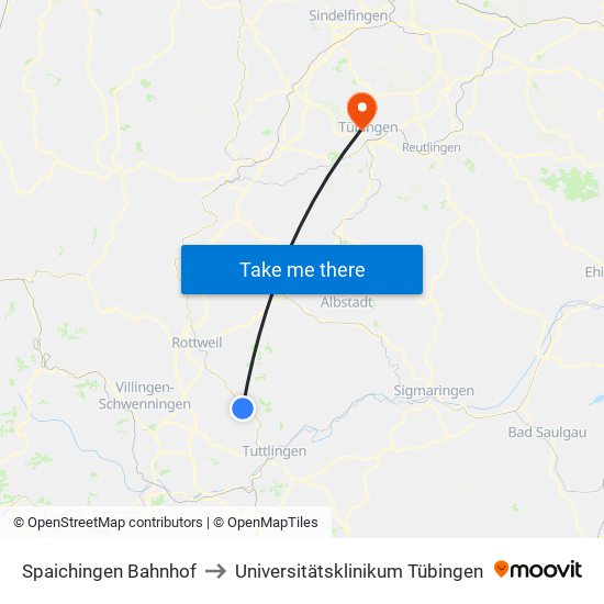 Spaichingen Bahnhof to Universitätsklinikum Tübingen map