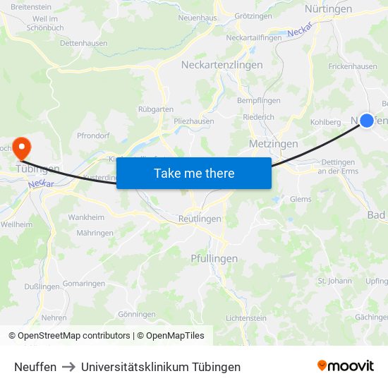 Neuffen to Universitätsklinikum Tübingen map