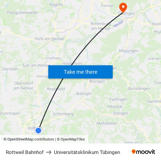 Rottweil Bahnhof to Universitätsklinikum Tübingen map