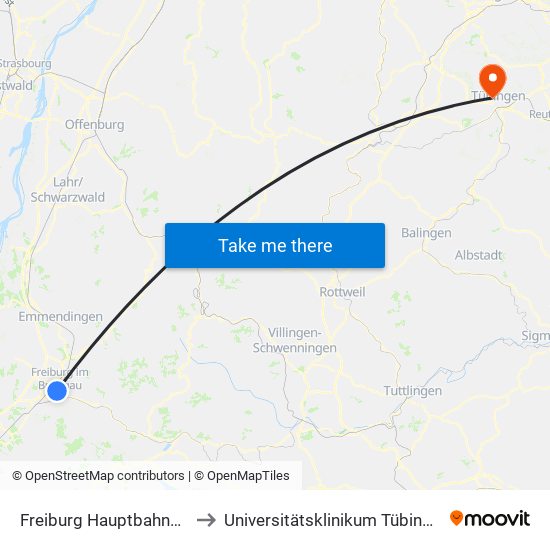 Freiburg Hauptbahnhof to Universitätsklinikum Tübingen map