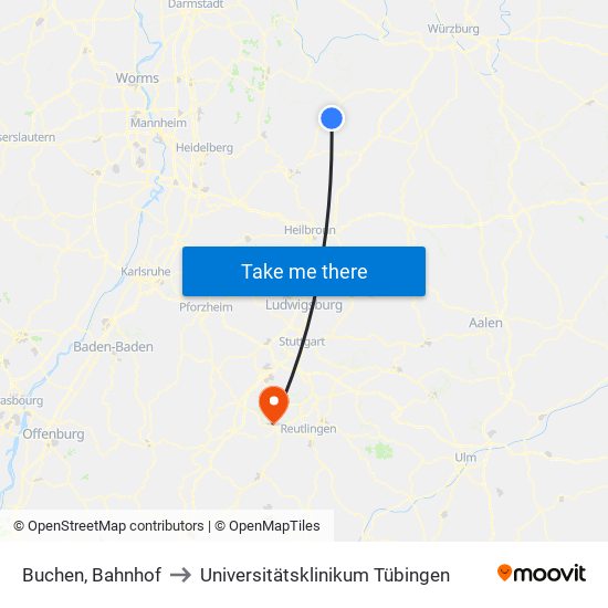 Buchen, Bahnhof to Universitätsklinikum Tübingen map