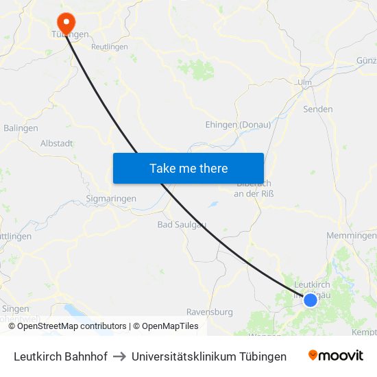 Leutkirch Bahnhof to Universitätsklinikum Tübingen map