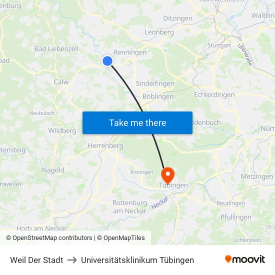 Weil Der Stadt to Universitätsklinikum Tübingen map