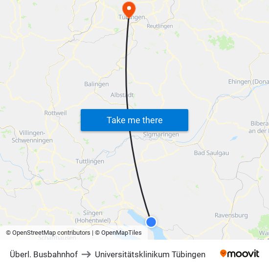 Überl. Busbahnhof to Universitätsklinikum Tübingen map