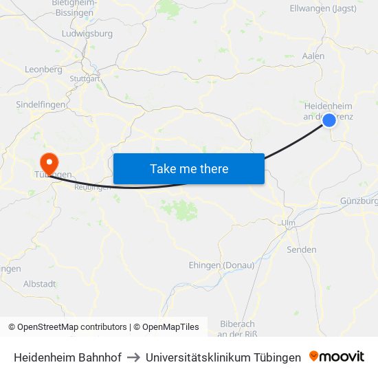 Heidenheim Bahnhof to Universitätsklinikum Tübingen map