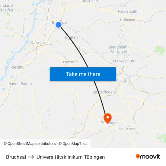 Bruchsal to Universitätsklinikum Tübingen map