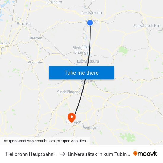 Heilbronn Hauptbahnhof to Universitätsklinikum Tübingen map