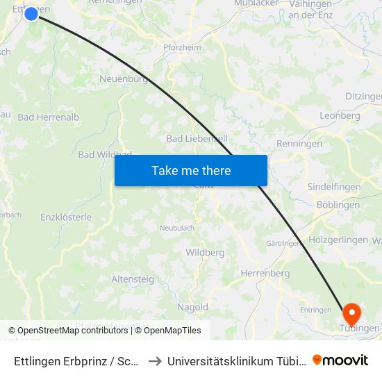 Ettlingen Erbprinz / Schloss to Universitätsklinikum Tübingen map