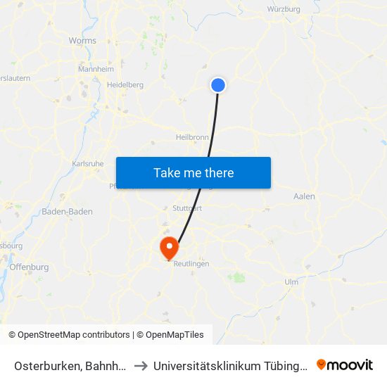 Osterburken, Bahnhof to Universitätsklinikum Tübingen map