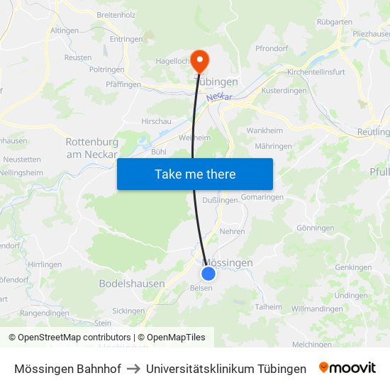 Mössingen Bahnhof to Universitätsklinikum Tübingen map