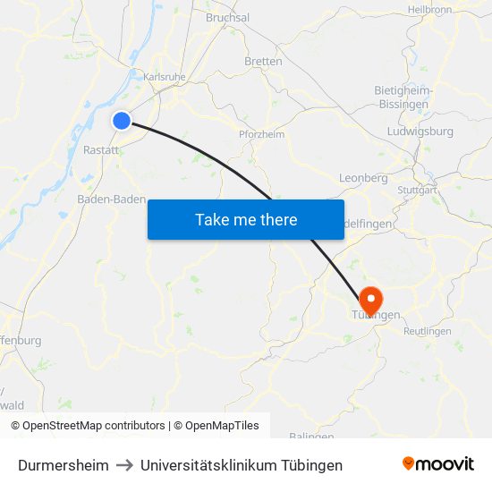 Durmersheim to Universitätsklinikum Tübingen map