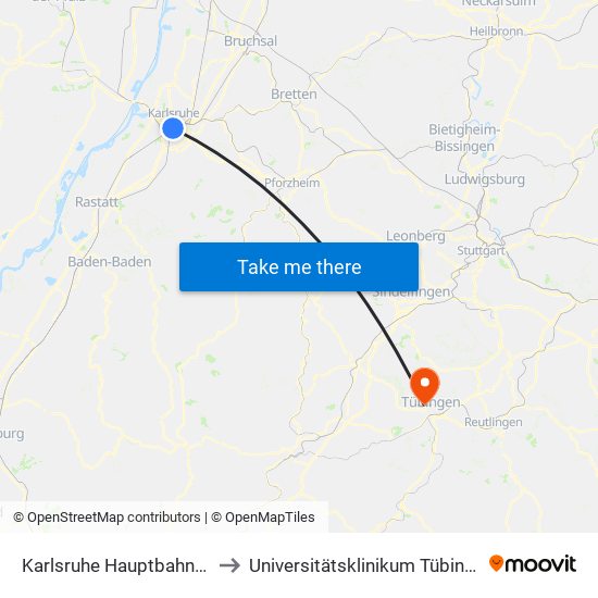 Karlsruhe Hauptbahnhof to Universitätsklinikum Tübingen map