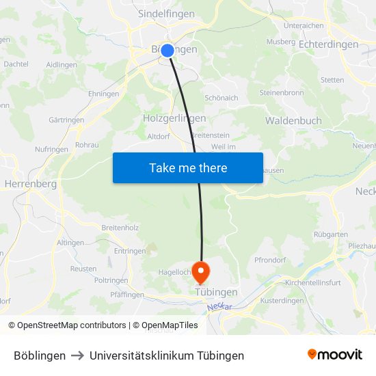 Böblingen to Universitätsklinikum Tübingen map