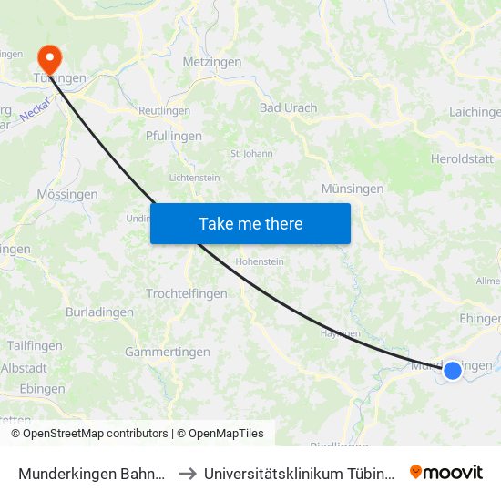 Munderkingen Bahnhof to Universitätsklinikum Tübingen map