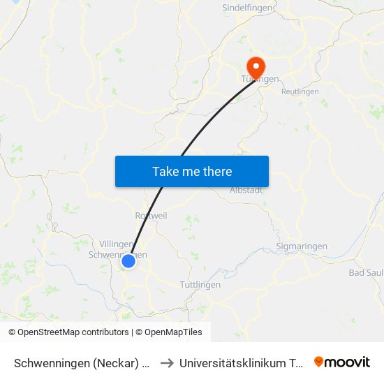 Schwenningen (Neckar) Bahnhof to Universitätsklinikum Tübingen map