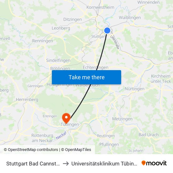 Stuttgart Bad Cannstatt to Universitätsklinikum Tübingen map