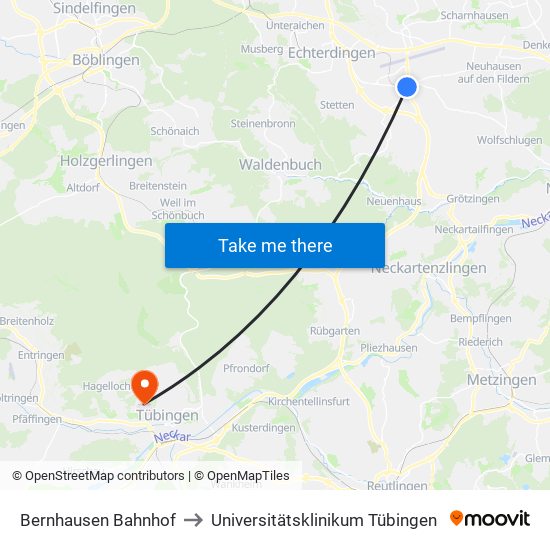 Bernhausen Bahnhof to Universitätsklinikum Tübingen map