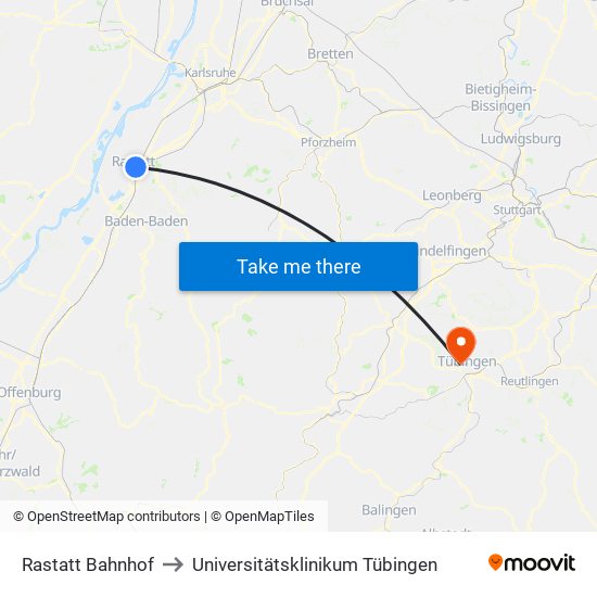 Rastatt Bahnhof to Universitätsklinikum Tübingen map