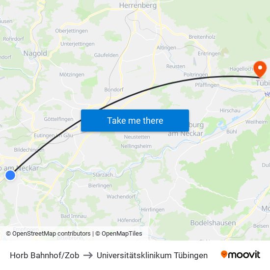 Horb Bahnhof/Zob to Universitätsklinikum Tübingen map