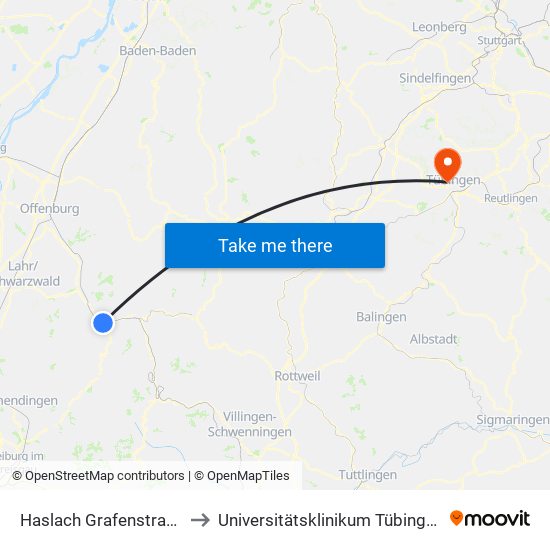 Haslach Grafenstraße to Universitätsklinikum Tübingen map