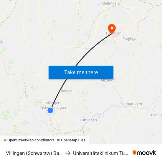 Villingen (Schwarzw) Bahnhof to Universitätsklinikum Tübingen map