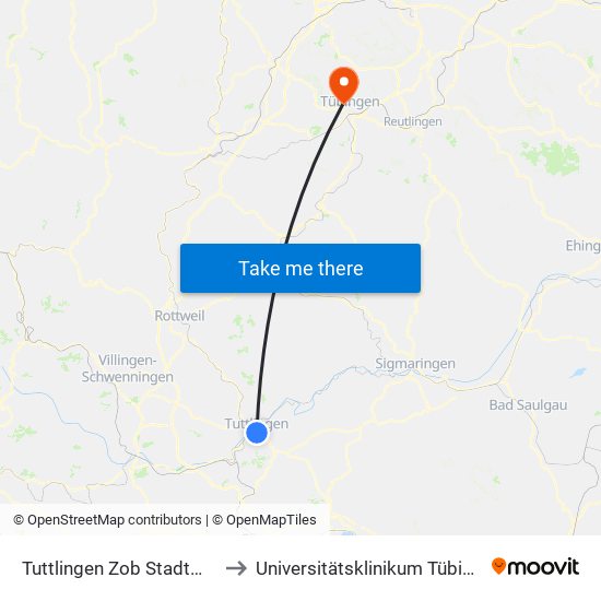 Tuttlingen Zob Stadtmitte to Universitätsklinikum Tübingen map