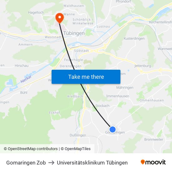 Gomaringen Zob to Universitätsklinikum Tübingen map