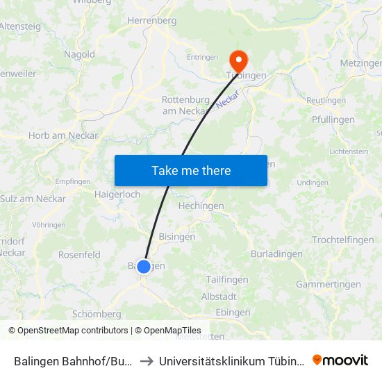 Balingen Bahnhof/Busbf to Universitätsklinikum Tübingen map