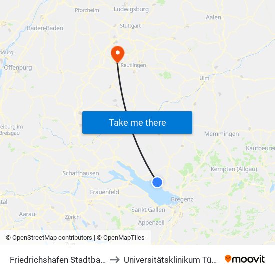 Friedrichshafen Stadtbahnhof to Universitätsklinikum Tübingen map