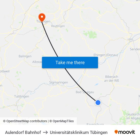 Aulendorf Bahnhof to Universitätsklinikum Tübingen map